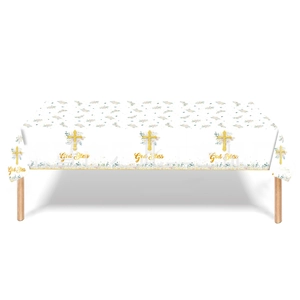 Detail of disposable tablecloth with golden cross pattern and God Bless text for parties