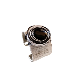 Retro punk multi-layer wire cuff bracelet with a large black oval gemstone centerpiece