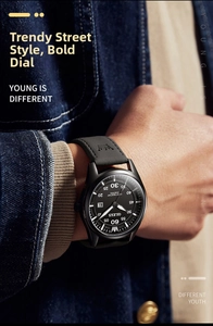 Men's fashion quartz watch with black leather strap and waterproof date display dial