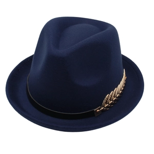 Chapeau fedora élégant en feutre de laine bleu marine avec ruban noir et feuille dorée