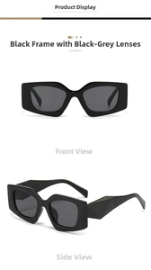 Detail view of black polygon thick frames with grey lenses for unisex retro sunglasses