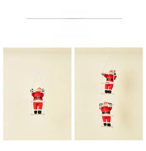 Detail view of small single and double ladder climbing Santa Claus plush decorations