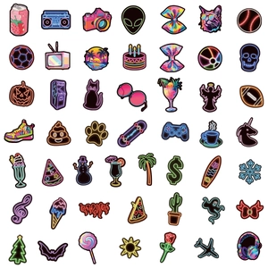 Neon style graffiti sticker set featuring food and sports designs for laptops and water bottles