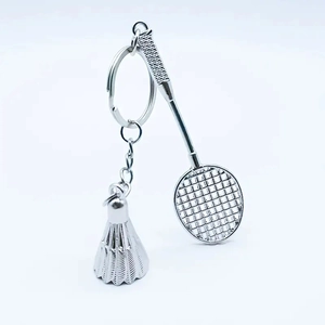 Miniature silver badminton racket and shuttlecock keychain made of durable zinc alloy metal