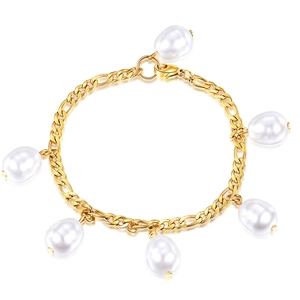 Stainless Steel Figaro Chain Bracelet With White Imitation Teardrop Artificial Pearl Pendants Fashion Jewelry For Women