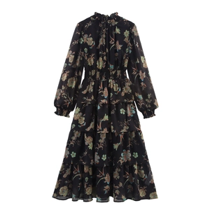 Maxikleid Mit Blumenmuster Aus Chiffon Für Damen Langarm Stehkragen Gesmokte Hohe Taille Eleganter Stufenrock