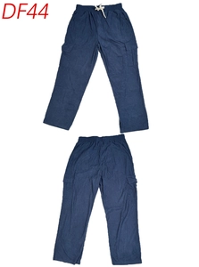 Detail of navy corduroy cargo pants with elastic drawstring waist and large side pockets