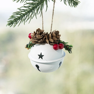 White Christmas bell with pine cones, red berries and greenery on twine