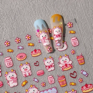 Cartoon cat and dessert nail art stickers with self-adhesive 3D embossed jelly design