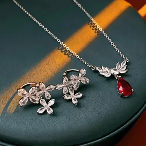 Elegant Copper Rhinestone Flower Ear Bone Clip And Pendant Necklace Set For Women Vintage Royal Style Jewelry Accessory