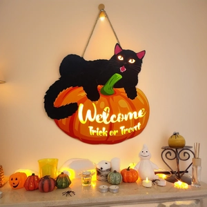 Halloween Hanging Sign Wood Light Up Black Cat Pumpkin Door Decor Welcome Trick Or Treat Festive Wall Art