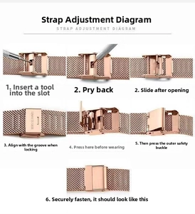Step-by-step guide to adjust the rose gold mesh watch band with a sliding buckle