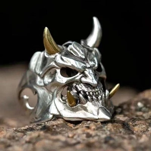 Hannya Mask Ring Demon Ghost Head Antique Silver Gold Two Tone Horns Zinc Alloy Adjustable Open Ring Punk Gothic Jewelry
