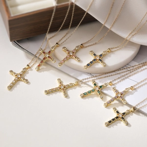 Vintage Baroque Cross Pendant Necklace Gold Plated Copper With Colorful Zircon Inlaid Religious Jewelry For Women