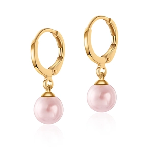 Close-up of small 18K gold plated hoop earrings featuring elegant pink pearls on mirror