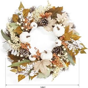 18-inch Autumn wreath with white pumpkins, pine cones, and golden maple leaves for decor
