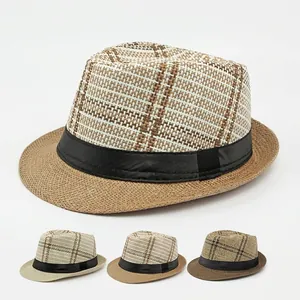 Men's retro plaid straw fedora hat for summer sun protection in brown and khaki colors