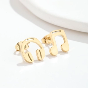 Golden stainless steel stud earrings featuring music note and headphone design shapes
