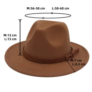 Tableau des tailles pour chapeau en feutre de laine montrant les dimensions M et L et détails