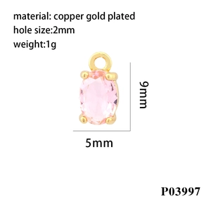 Detail of 18K gold-plated copper oval pendant with pink zircon for DIY jewelry making