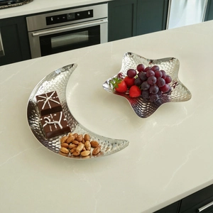 Gehamerd zilveren maan en ster metalen dienblad set voor snacks en desserts