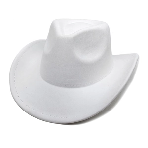 Macro shot of stitching details on a white faux suede wide-brim western cowboy hat