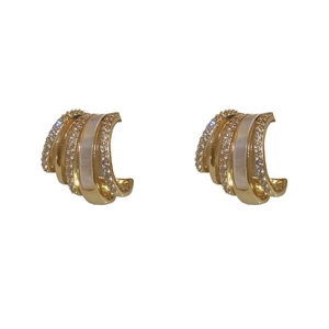 French style gold plated geometric claw earrings with micro-pave crystals and white enamel