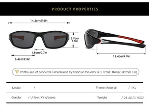 Size chart showing frame dimensions of polarized sports sunglasses with 5.6in width