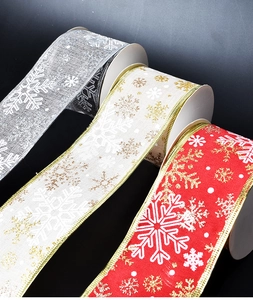 Close-up of Christmas snowflake ribbons in silver, cream, and red with gold wire edges