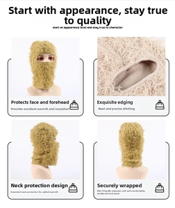 Detail view of camel knit balaclava with warm plush material and neck protection