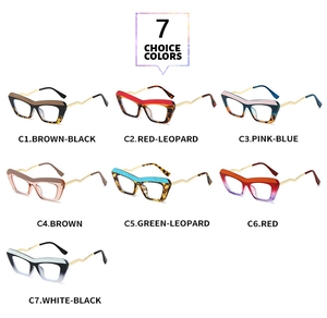 Flat lay of cat-eye TR90 glasses in seven stylish color combinations with metal temples