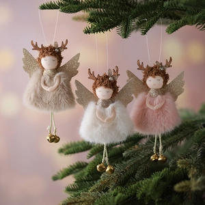 Plush Christmas Angel Doll Hanging Ornament Reindeer Antlers Gold Sequin Wings Metal Bell Holiday Home Decor