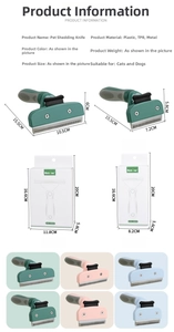 Detail view of pet de-shedding tool sizes and weights for dogs and cats in three colors