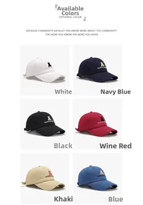 Detailed grid view of cotton baseball caps with letter embroidery and distressed brims