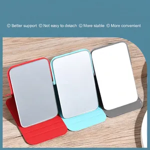 Foldable leather portable makeup mirror with 3 adjustable angles in red blue and grey