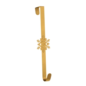 Golden Christmas wreath metal door hook with snowflake ornament on white background