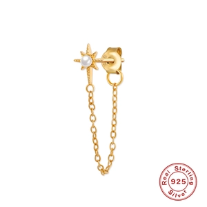 Detailed macro view of S925 sterling silver star earring with pearl and tassel chain