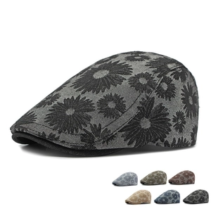 Béret Plat Vintage Britannique Imprimé Marguerite pour Femmes Hommes Automne Hiver Mode Mélange de Coton Chapeau de Newsboy
