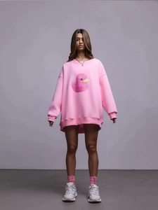 Rosa Oversized-Sweatshirt mit süßem Enten-Print und langen Ärmeln für Herbst