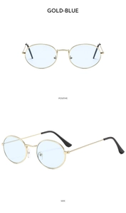 Detailed views of gold metal oval sunglasses featuring light blue lenses and black tips