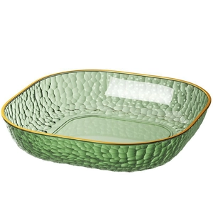 Thickened green PET snack plate with hammer texture and gold rim for living room decor
