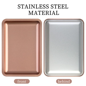 Front and back views of rectangular stainless steel trays in silver and rose gold