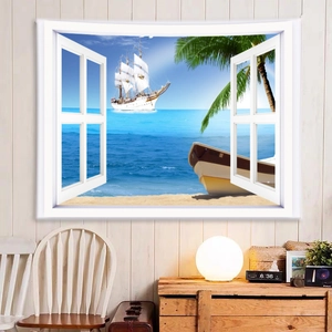 3D tropical beach window landscape tapestry with large sailing ship and palm trees