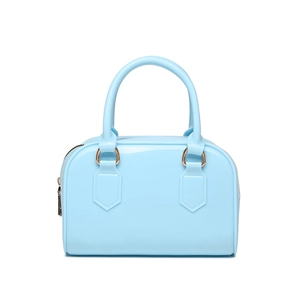 Detail view of light blue jelly Boston bag with shiny finish and gold hardware