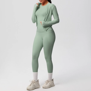 Macro shot of breathable yoga suit with zipper jacket and side pocket leggings