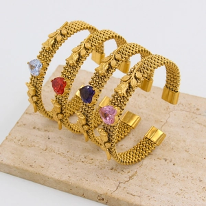 Adjustable golden mesh bracelets with floral patterns and colorful heart-shaped zircons