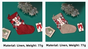 Detailed view of burlap Christmas stockings with pet bone tags and red plaid bows