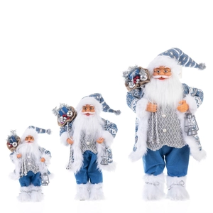 Figurines de Père Noël debout en bleu et blanc disponibles en trois tailles assorties