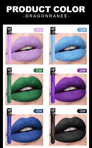 Detailed close-up of 6 matte lip gloss shades including black and deep green tones