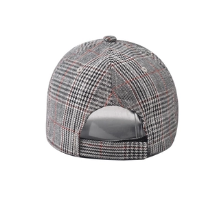 Back view of classic plaid embroidery baseball cap with adjustable strap and red accents